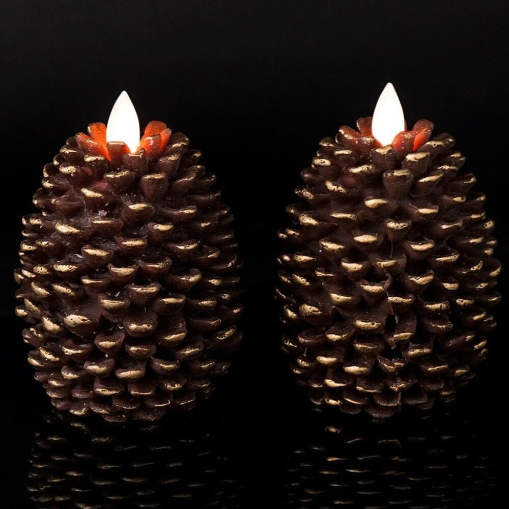 Flameless Candles with Timer, Battery Operated Flickering Wick Real Wax Pine Con